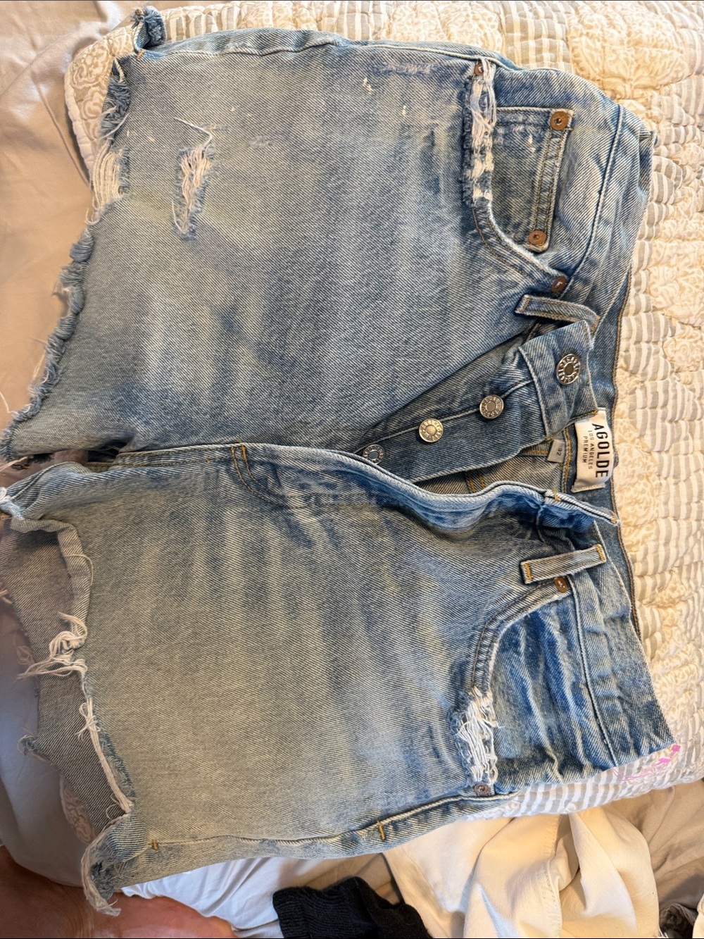 AGOLDE Light Blue High-Rise Distressed Denim Shorts